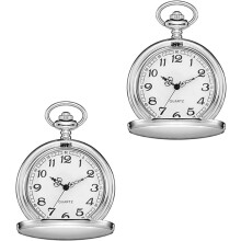 Set of 2 Classic Retro Pocket Watch with Chain for Men and Women, Arabic Numerals Scale Quartz Pocket Watch
