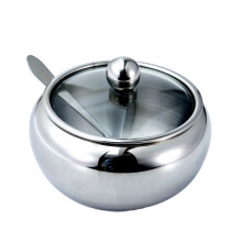 Flybaeast Seasoning Box Large Sugar Bowl Stainless Steel with Glass Lid Includes Stainless Steel Spoon Holds 2 Cups of Sugar 16.9Oz Silver (Silver)