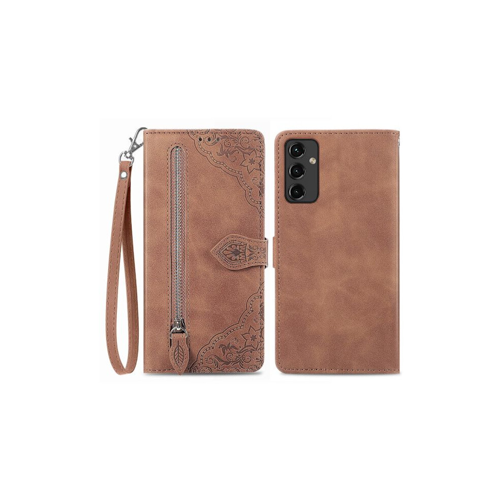Skalo Compatible With Samsung A14 4G/5G Big Wallet Flower Wallet Case - Brown 9418476333071
