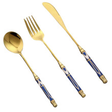 3 Pcs Silverware Set, Stainless Steel Forks Spoons Knives, Gold Blue Flatware Set for Dinner, Compatible with Modern Utensils