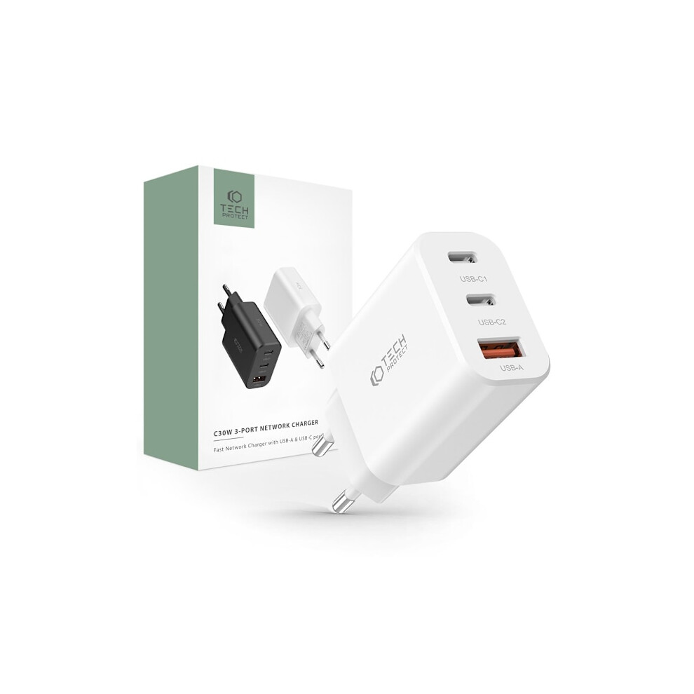 Tech-Protect 30W Pd/Qc Wall Charger 2X Usb-C 1X Usb-A White 9165521392728