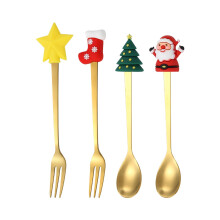 Christmas Stainless Steel Dessert Spoon and fork Set Cartoon Doll Coffee Spoon Spoon Fruit fork（4pc）