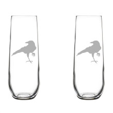 Set of 2 Glass Champagne Flutes Sparkling Wine Glasses Crow Raven Blackbird (8.5 oz Stemless)