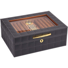 Cigar Humidor with Glass Lid and Hygrometer, Luxury Wooden Cigar Storage Box Black and Gray