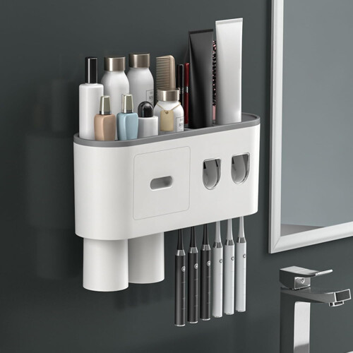 Automatic Toothpaste Dispenser with 2 Cups, No Drill Wall Mounted Toothbrush Holder and Storage Shelf 1