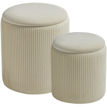Velvet Storage Ottoman Set of 2 Round Coffee Tables with Hidden Storage White Upholstered Stools