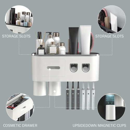 Automatic Toothpaste Dispenser with 2 Cups, No Drill Wall Mounted Toothbrush Holder and Storage Shelf 2