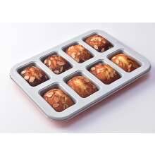 Mini Loaf Baking Pan 8 Cavity- Small Rectangle cake Pan -Financier Cake Mold Carbon Steel light gray non-stick coating bakeware w Perracotta base