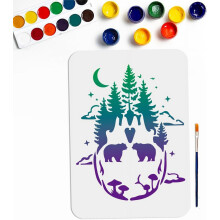 Skull Forest Mushroom Stencil 11.78.3inch Large Mushroom Skull Stencils with Paint Brush Reusable Bear Tree Moon Star Drawing Template DIY