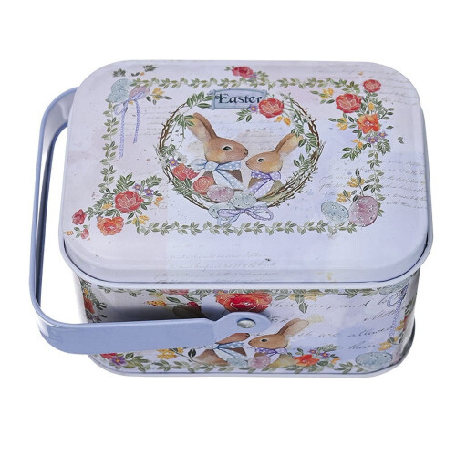 Easter Empty Tinplate Container, Candy Jar Easter Gift Box with Handle For Storage Candy Cookie Chocolate Easter Decor