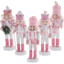 5 Pcs 4in Wooden Christmas Nutcracker Ornaments, Pink Hanging Soldier Decor for Tree, Home, Bedroom, Compatible with Xmas Decor