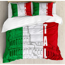 Italian Flag Duvet Cover Set, Roma Colosseum Heritage Cityscape, 3-Piece Bedding with 2 Pillowcases, Green Grey