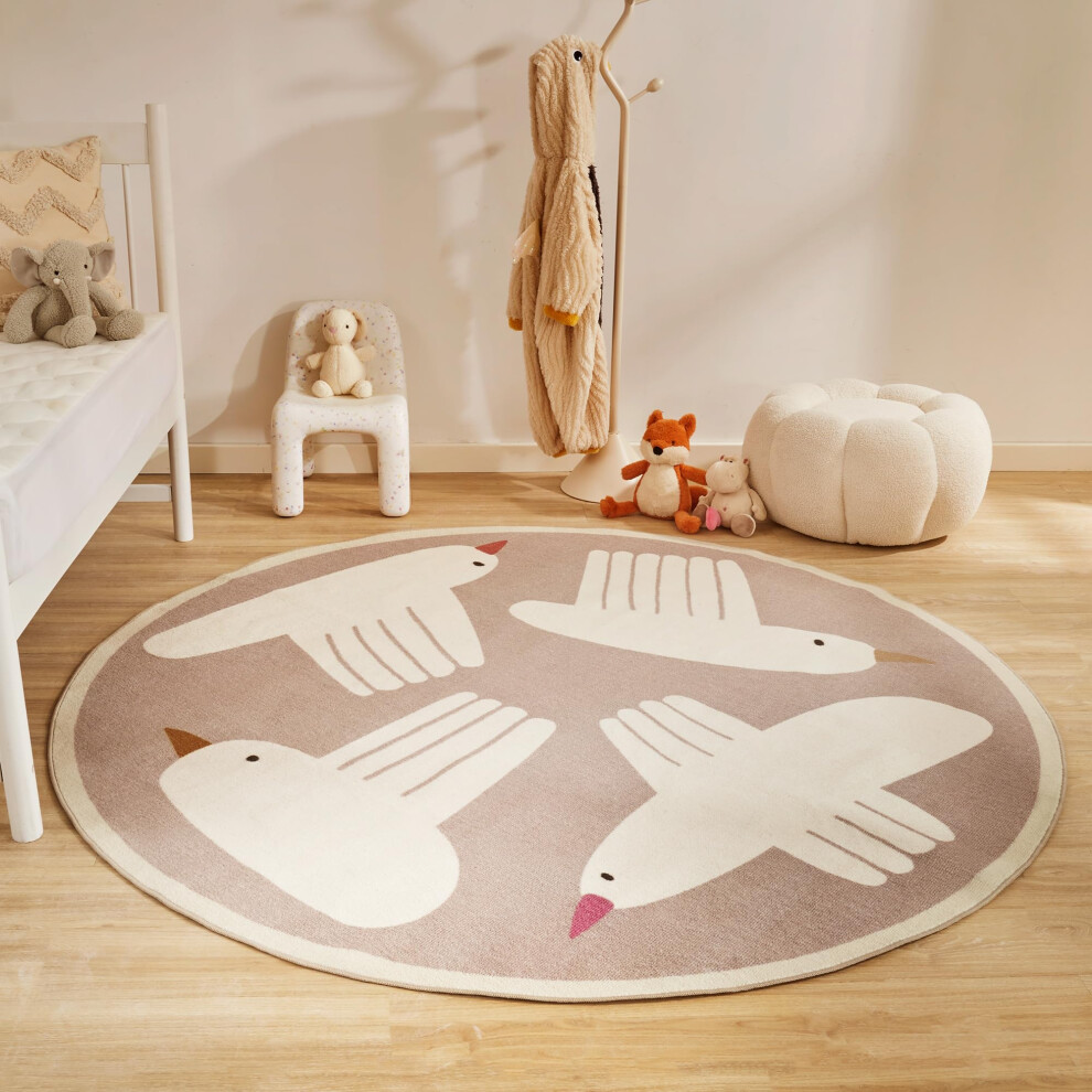Kids Playroom Rug UltraSoft NonSlip Washable Round Nursery Area Rug with Flying Bird Design 6'