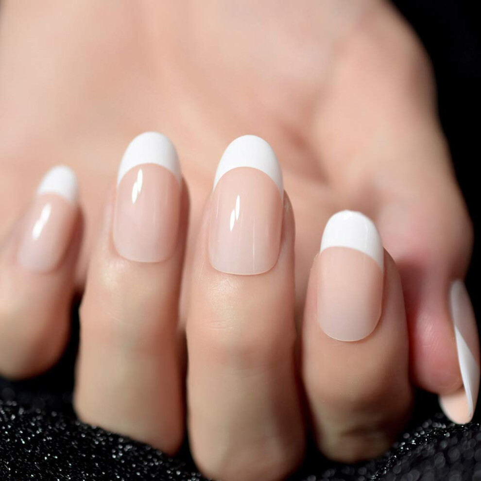Cream Glossy Oval Nude Press On Nails Long French Manicure Fake Nails Set Reusable Nail Tips 24Pcs