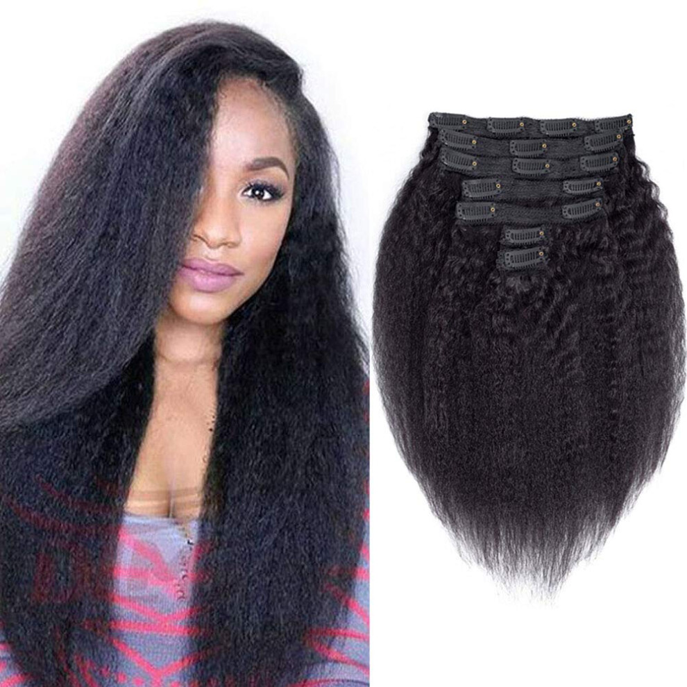 Unisex Kinky Straight Clip In Human Hair Extensions Brazilian Virgin Natural Yaki Double Weft 14 Inch 7Pcs