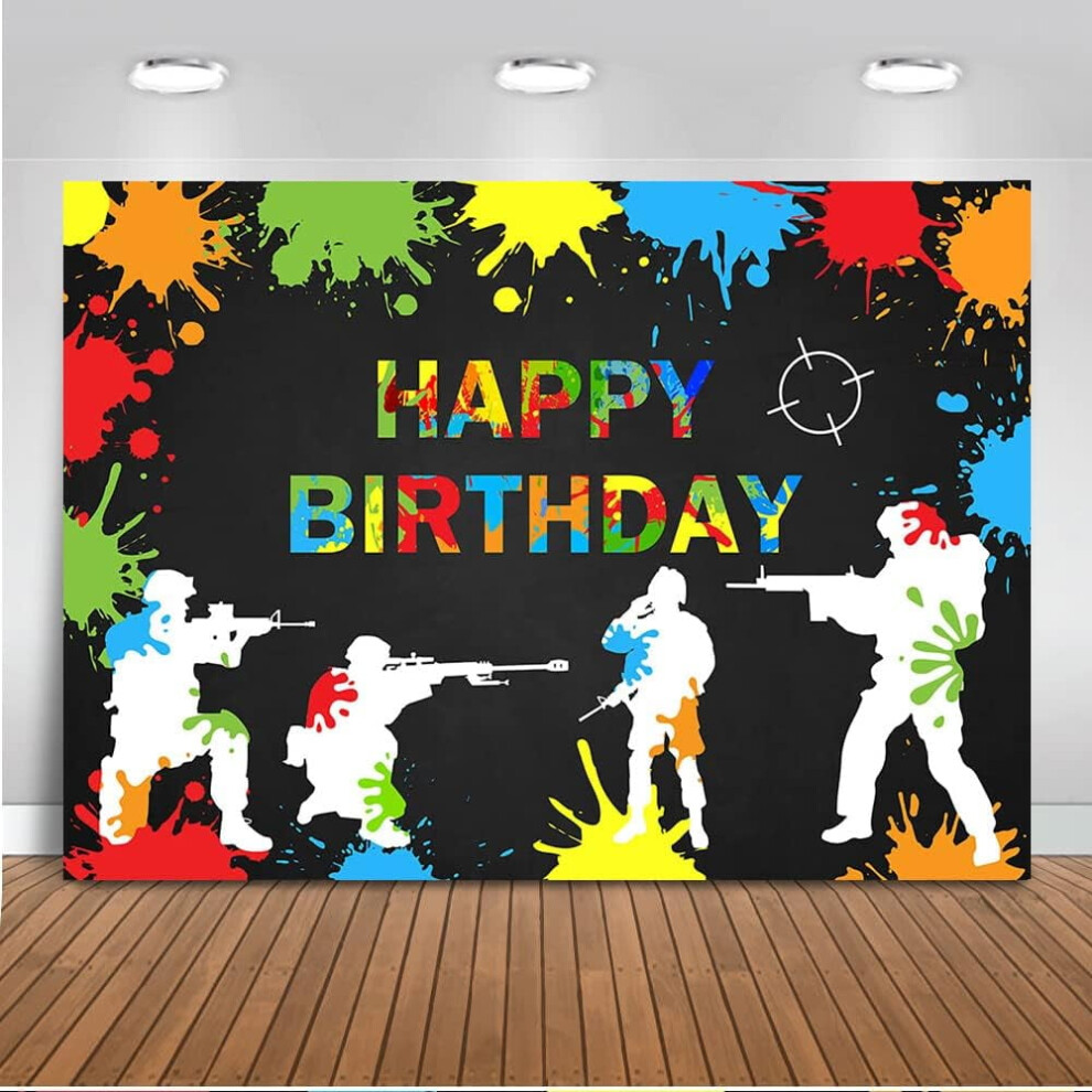 Colorful Paintball Birthday Party Backdrop - Happy Birthday Theme Decoration For Photography, Compatible With Paintball Splash Game 9557311196997