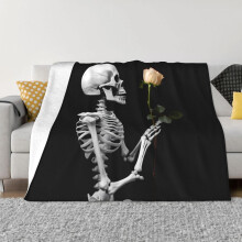 White Rose Skeleton Rock Skull Boho Hippie Throw Blanket 60"x50" Soft Flannel Fleece for Bed, Sofa, Travel, Camping