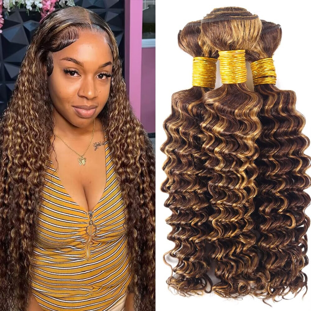 Brazilian Deep Wave Bundles P4/27 Ombre Human Hair Extensions 28 30 32 Inch Honey Blonde Highlight