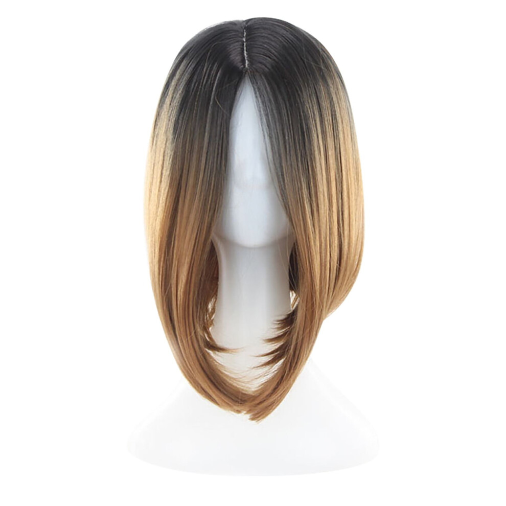 Unisex Brown Desertasis Wig: Gradient Short Straight Bob, Highlight, Flat Bangs - Realistic Cosplay & Party Wig For Women