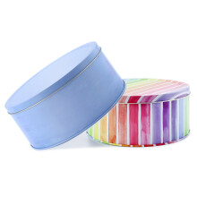 Cornucopia Brands Cookie Tins Set of 2 (Blue & Rainbow), 7.75" Round Baking Tins for Holidays & Special Occasions