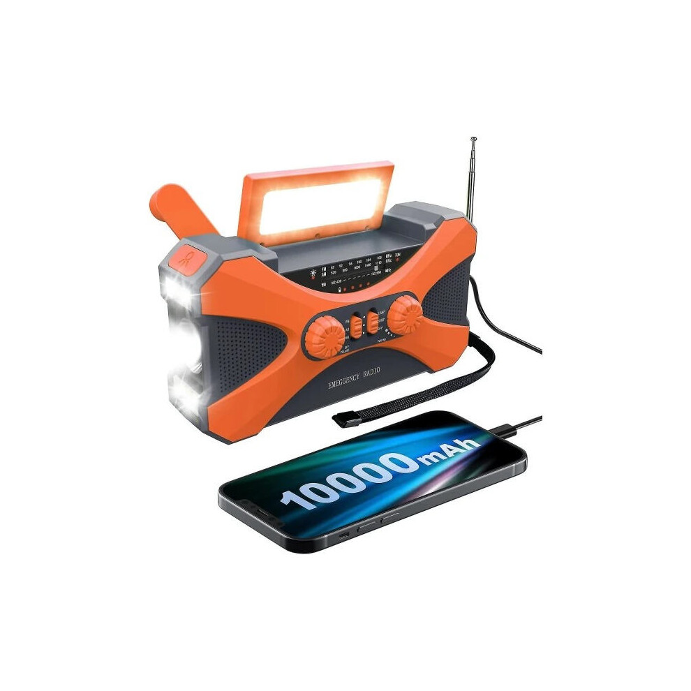 10000Mah Emergency Radio Solar Radio Crank Radio Portable Am/Fm/Noaa Weather Radio With Phone Charger Flashlight Orange 9130661626866