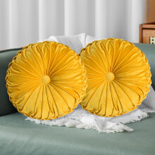 Set of 2 Yellow Round Velvet Throw Pillows 14.5 Inch Handmade Ruched Decorative Couch Pillows