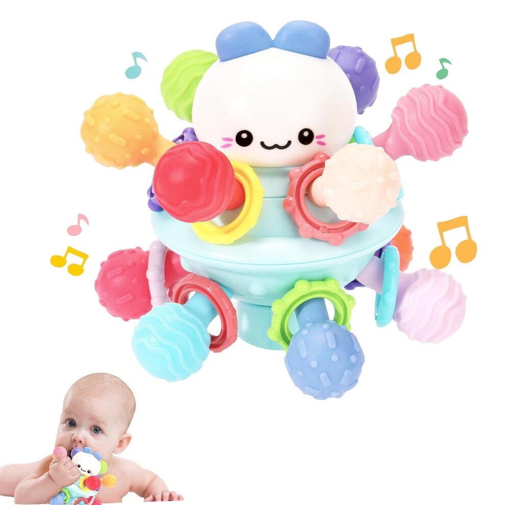Baby Teething Toys, Food Grade Baby Teether Chew Rattle for 0-18 Months, Montessori Sensory Gift with Suction Cup Base