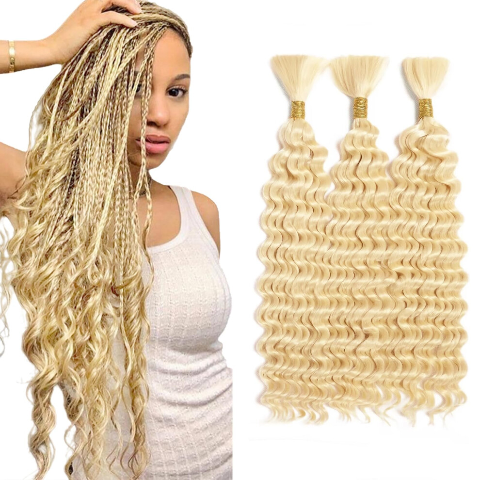 Unisex 613 Honey Blonde Human Braiding Hair Extensions 16 Inch Deep Wave 3Pack For Women