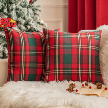 Plaid Christmas Throw Pillow Covers 18x18 Inch, Red & Green, Set of 2, Woven Fabric with Gold Thread, Holiday Home Decor