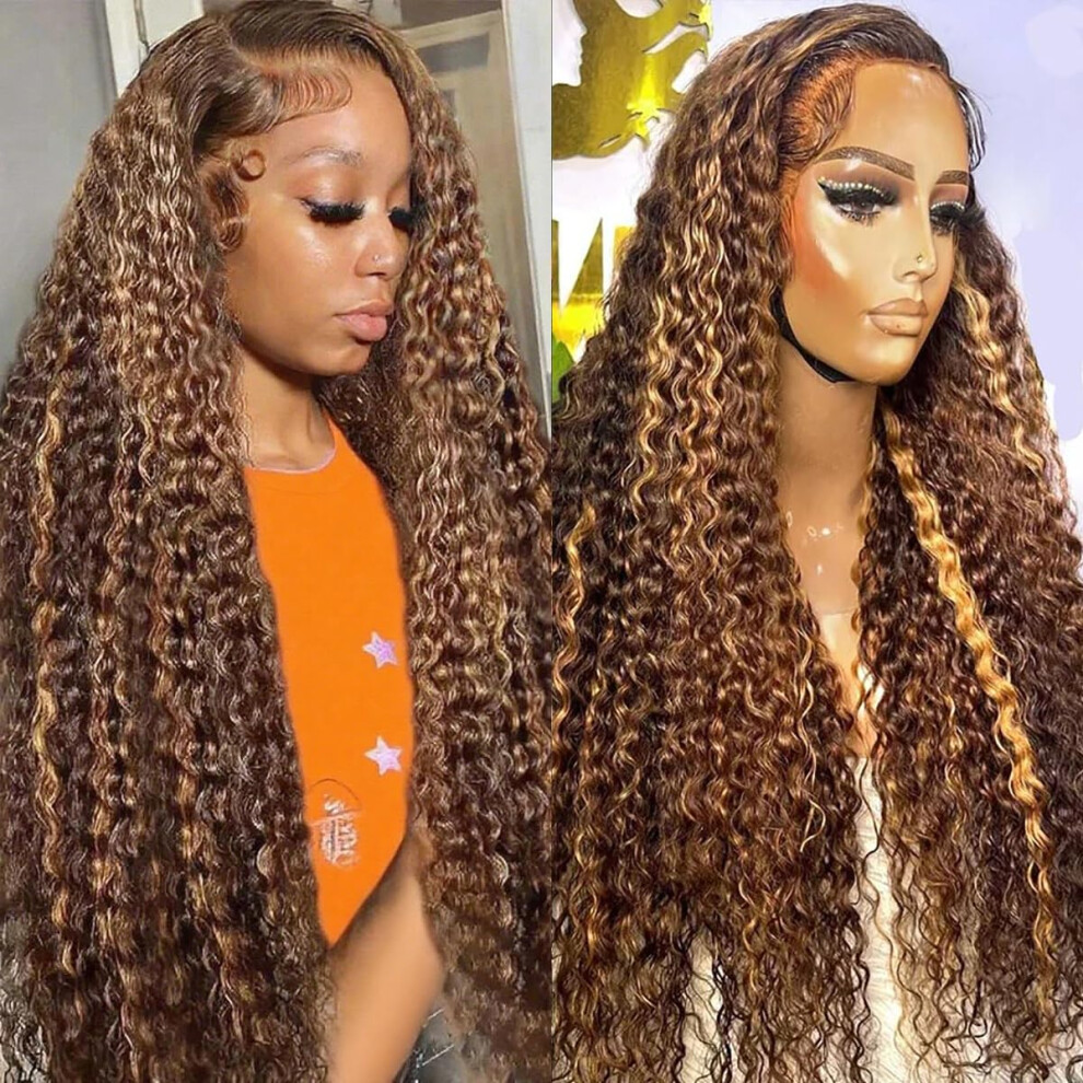 Unisex 24 Inch Deep Wave Honey Blonde Highlight Lace Front Human Hair Wig 13X6 Hd Transparent Lace