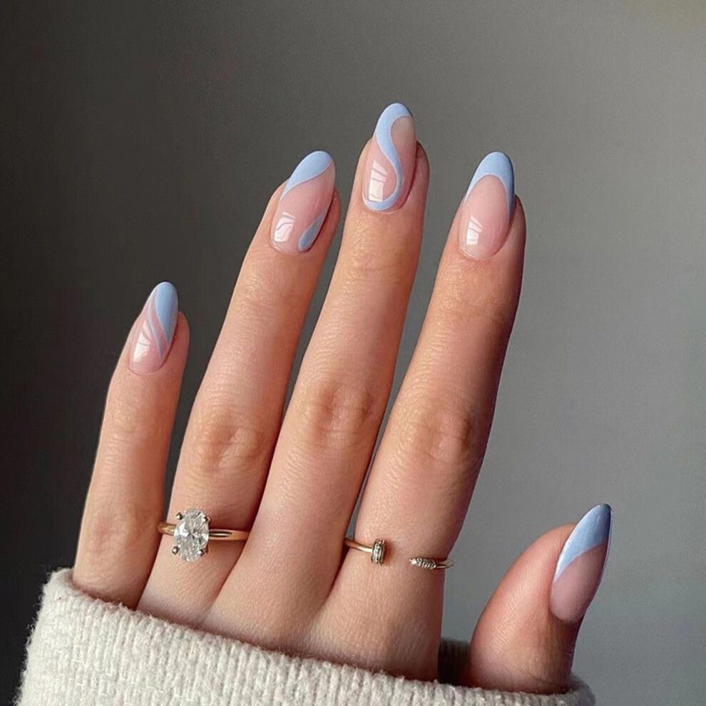 Blue Bgzleu French Tip Press On Nails, Swirl Design, Almond Acrylic Fake Nails, Reusable Nail Tips For Women & Girls, 24Pcs