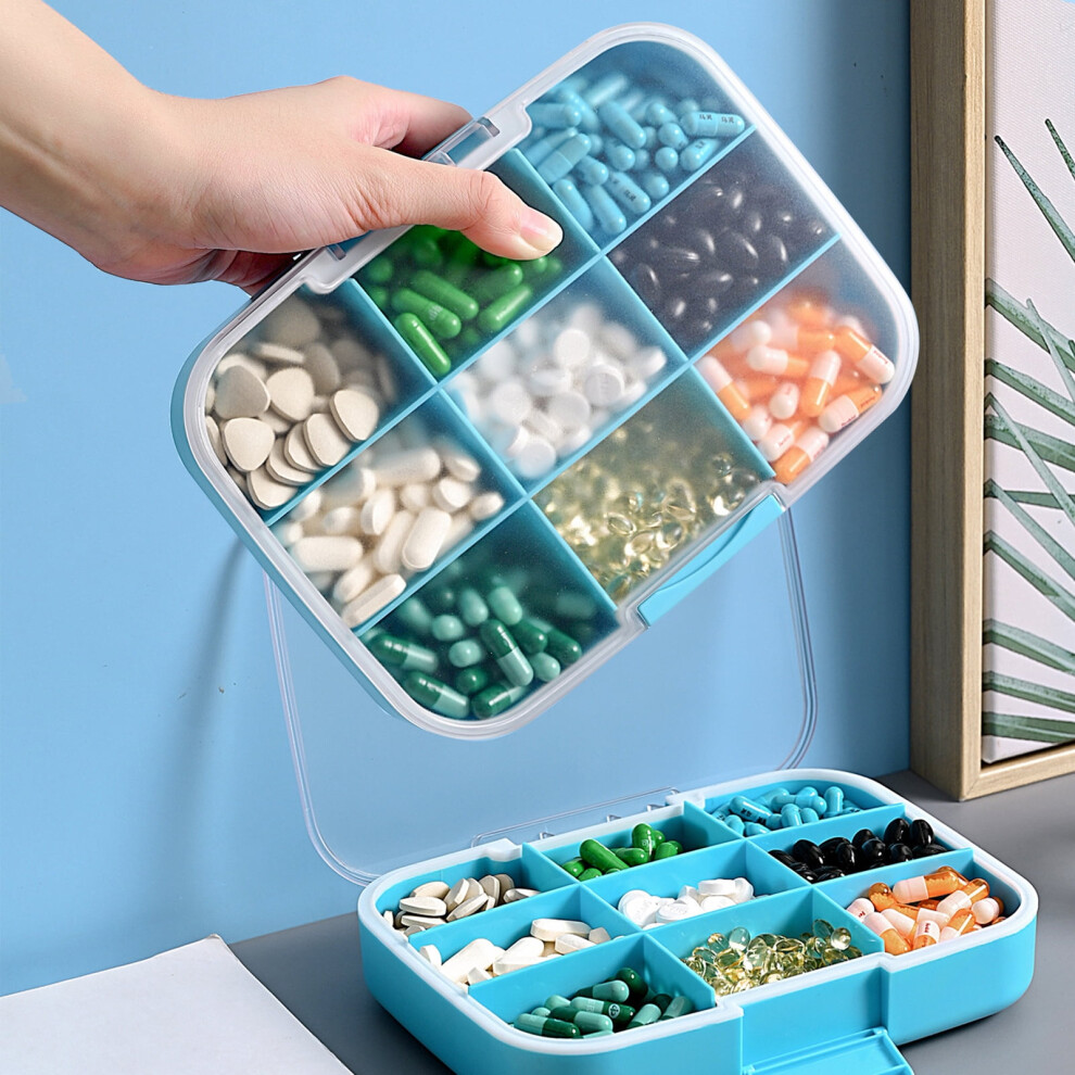 SUSUchens Pill Box 9 Compartments Moisture proof Large Capacity Transparent Design Pill Organizer for Home Travel Blue