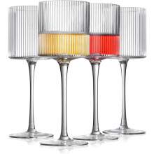 Square Wine Glasses Set of 4, 12.5oz Ribbed Design - Hand Blown Premium Stemware, Modern Shape for Red & White Wine, Home Bar Party