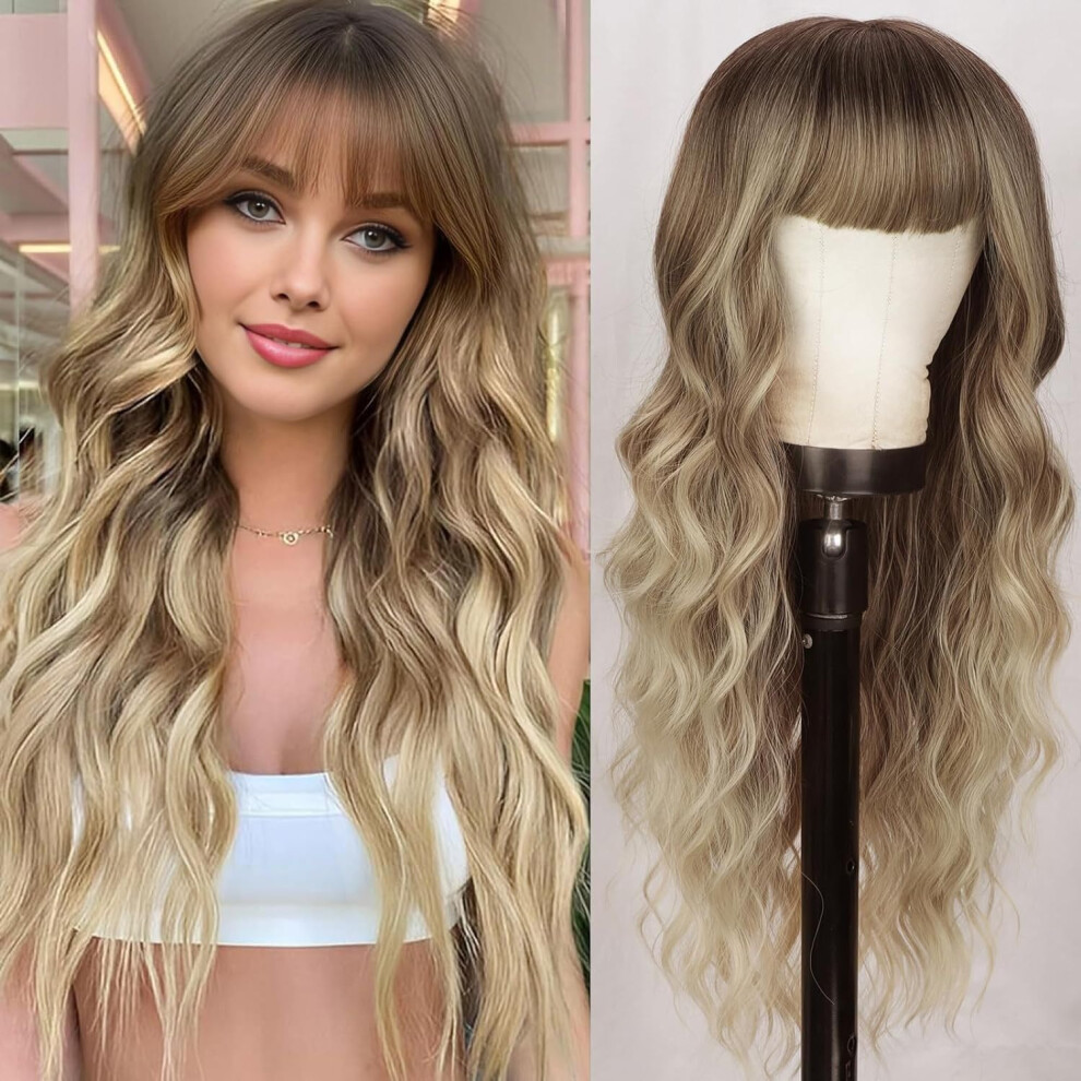 26 Inch Long Wavy Synthetic Wig with Bangs for Women, Heat Resistant Fiber, Mixed Blonde