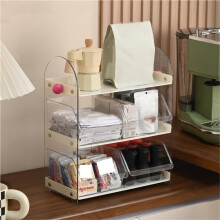 Three Tier Countertop Storage Rack with Cup Holder, PET Shelves and Handles for Kitchen Bathroom (Beige)