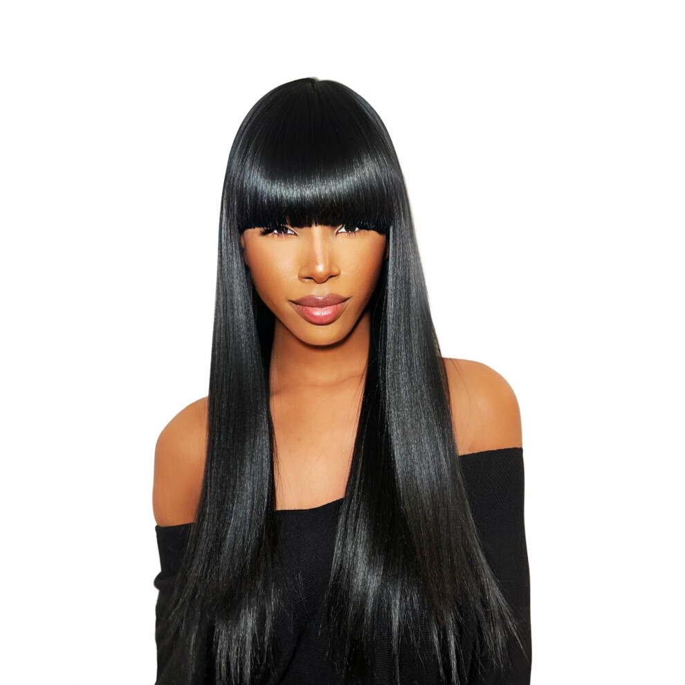 Unisex Red 26 Inch Straight Synthetic Wig With Chyna Bang, Heat Resistant, Silicone Grip Cap, Auburn Highlights