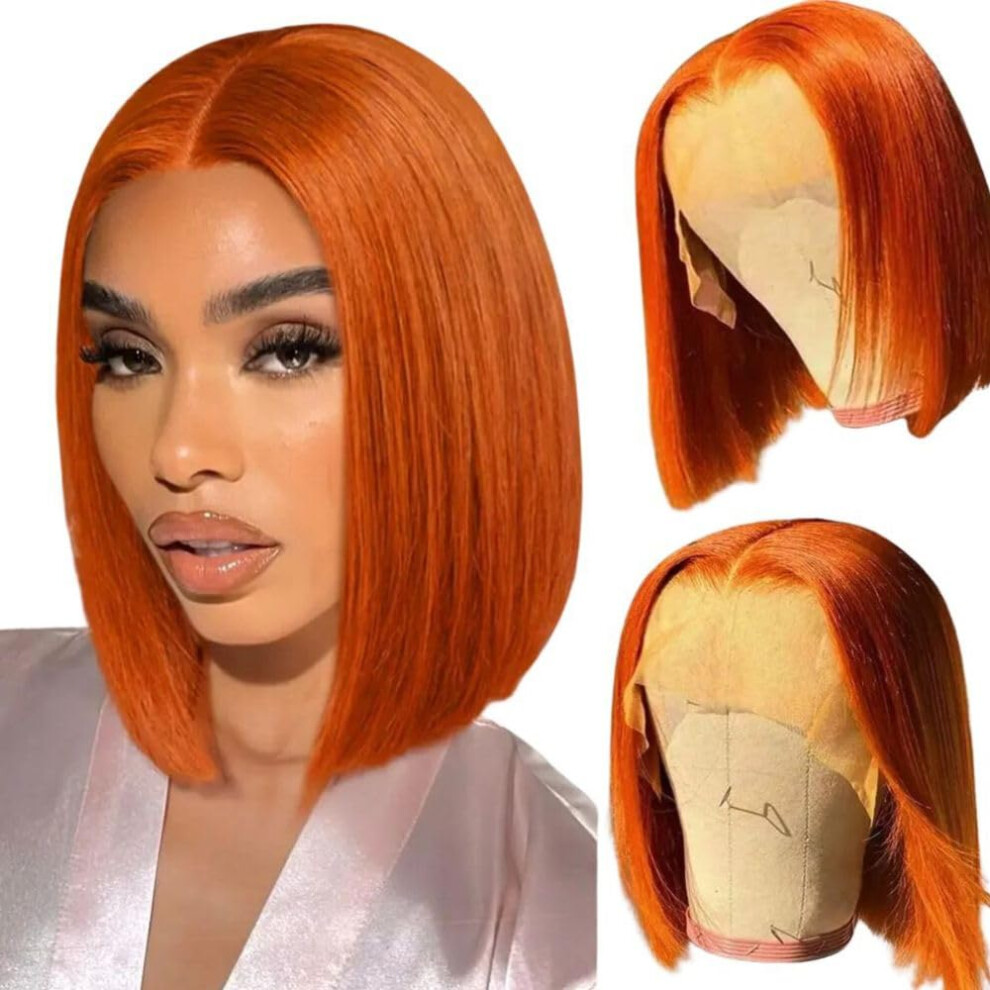 Ginger Orange 13x4 HD Lace Front Bob Wig Human Hair 200% Density Brazilian Straight 12 Inch