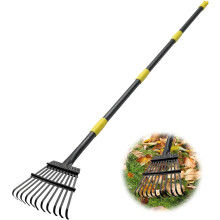 73" Garden Rake with 11 Metal Tines, 8.5" Wide Heavy Duty Leaf Rake for Shrubs, Adjustable Handle Yard Rake for Leaves, Grass, Garbage