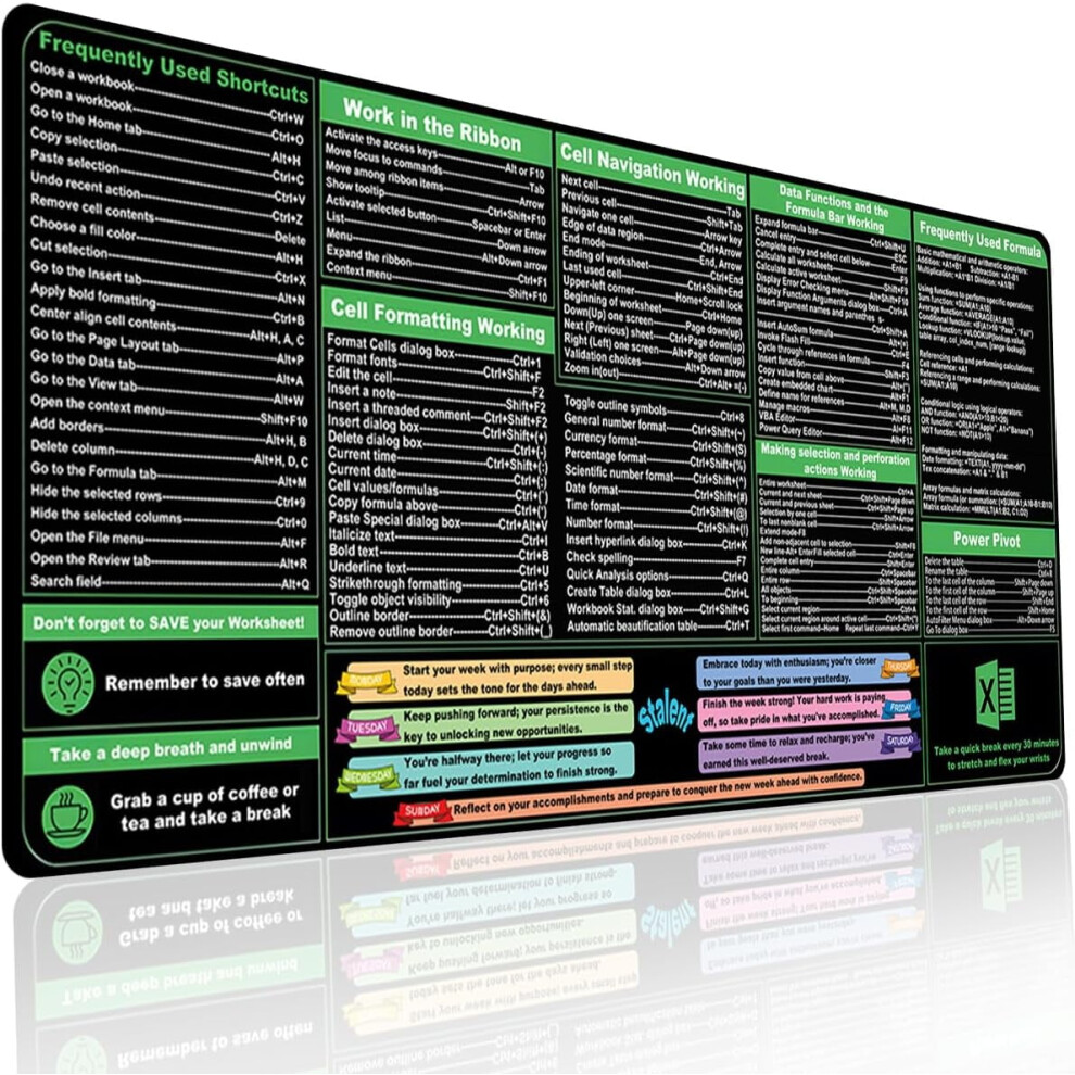 Excel Cheat Sheet Desk Mat 35.4"X15.7" - Compatible With Office & Gaming Setups, Non-Slip, Xxl Mouse Pad For Shortcuts & Employee Gifts 9170372865819
