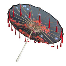 Japanese Parasol with Tassels, Handmade Chinese Silk Umbrella, Black Bamboo Frame 82CM