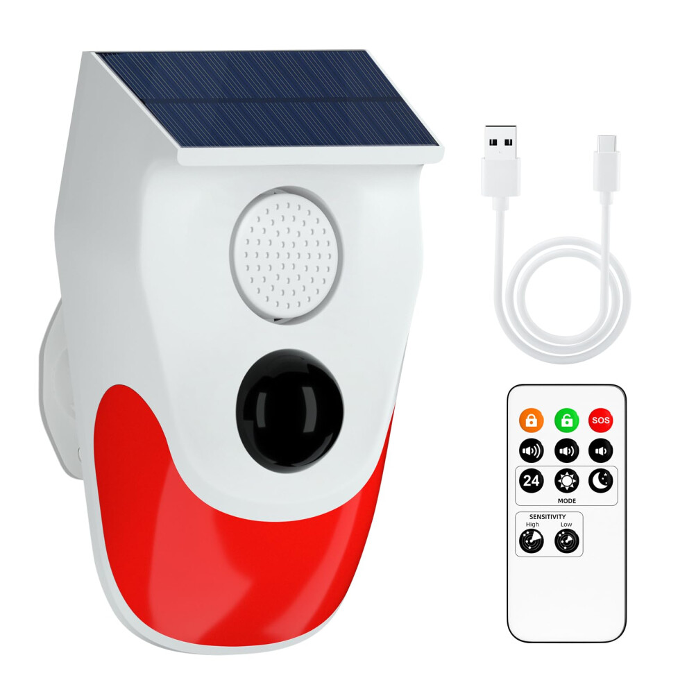 Solar Powered Outdoor Motion Sensor Alarm With Remote, 120Db Siren, Ip65 Waterproof Security 9455672627801