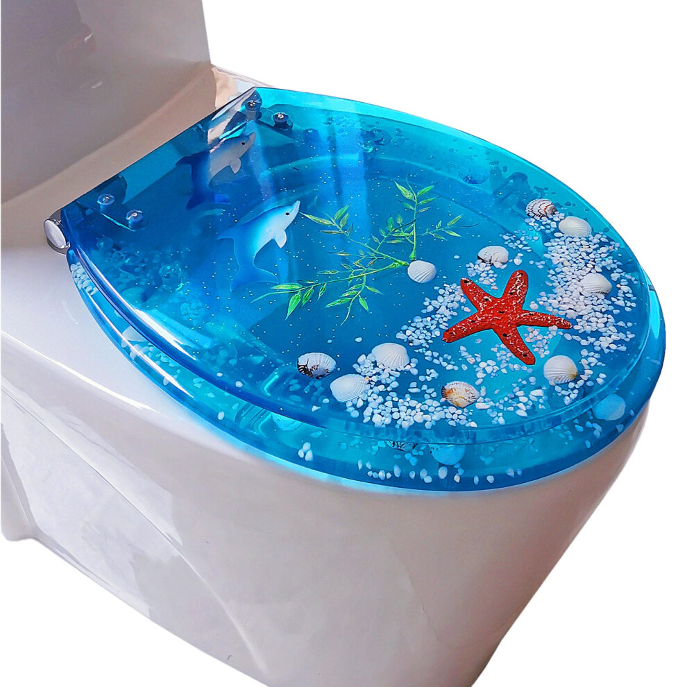 Slow Close Elongated Toilet Seat With Lid, Silent Hinge, Universal Fit Resin, Blue Uv/O Shape 9113335510654