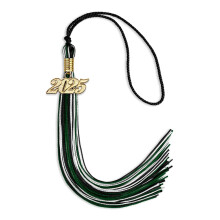 Graduation Tassel with Year Charm, Mixed Triple Color Black Hunter Green White, 2025 Gold Charm, 9Inch