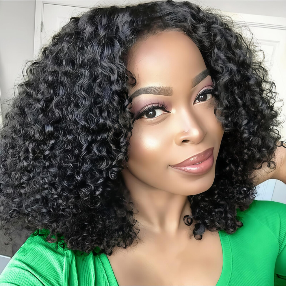 Glueless Deep Wave Human Hair Half Wig 14 Inch Brazilian Virgin Curly Wig for Women Natural Hairline