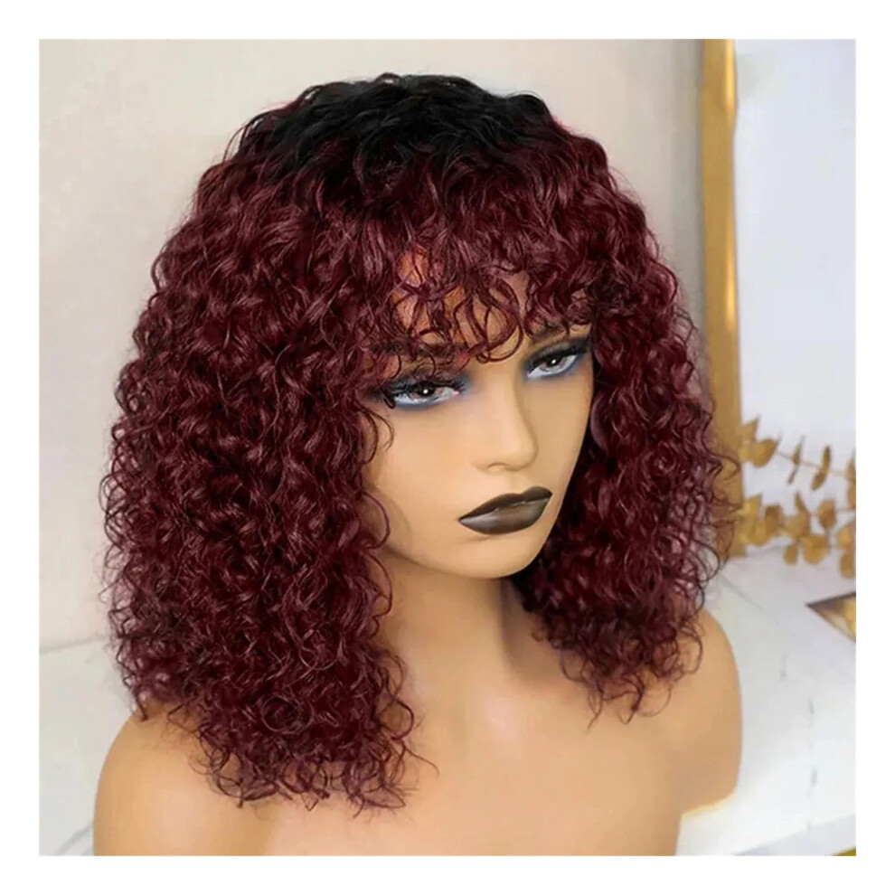 Unisex Brown Short Human Hair Wig Ombre Jerry Curl With Bangs 14 Inch Remy Hair Natural Volume