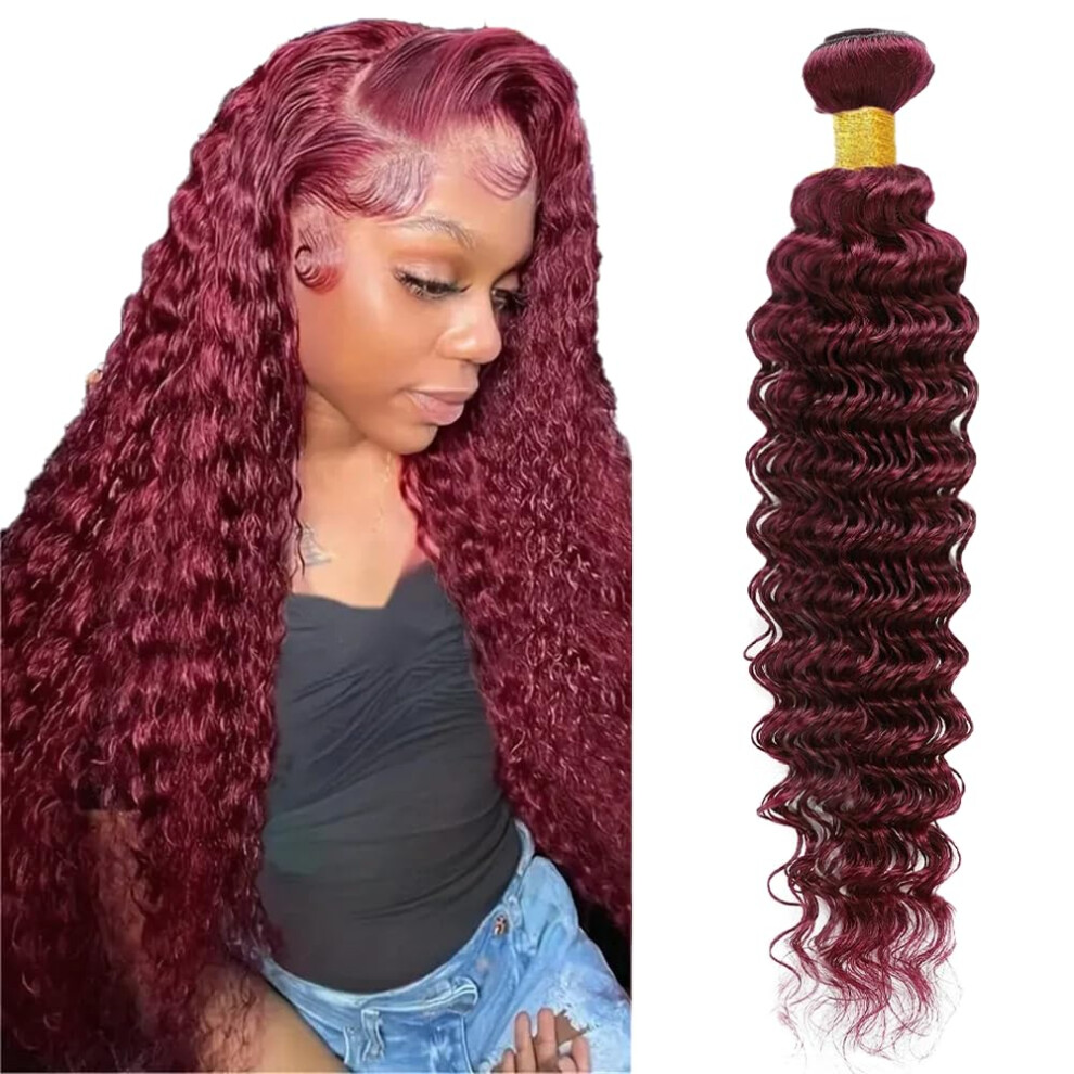 Unisex Red 99J Burgundy Deep Wave Human Hair Bundle 32 Inch Brazilian Virgin Extensions 50G Double Weft