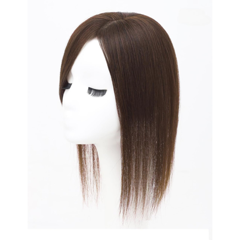 Unisex Brown Chestnut Clip In Human Hair Topper For Thinning Hair, Left Part 30Cm Wiglet