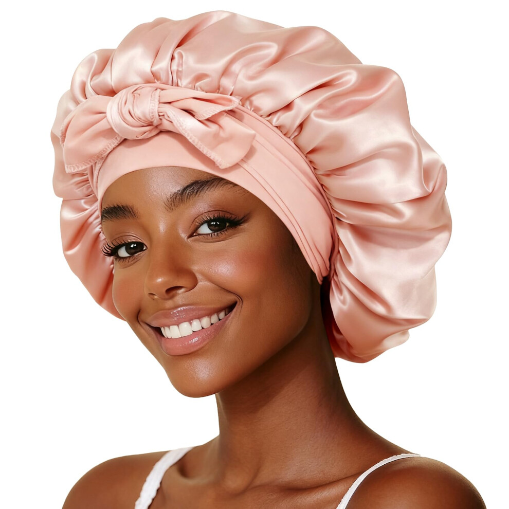Silk Hair Bonnet with Strap, DoubleLayer Satin Sleep Cap for Curly and Natural Hair, Pink