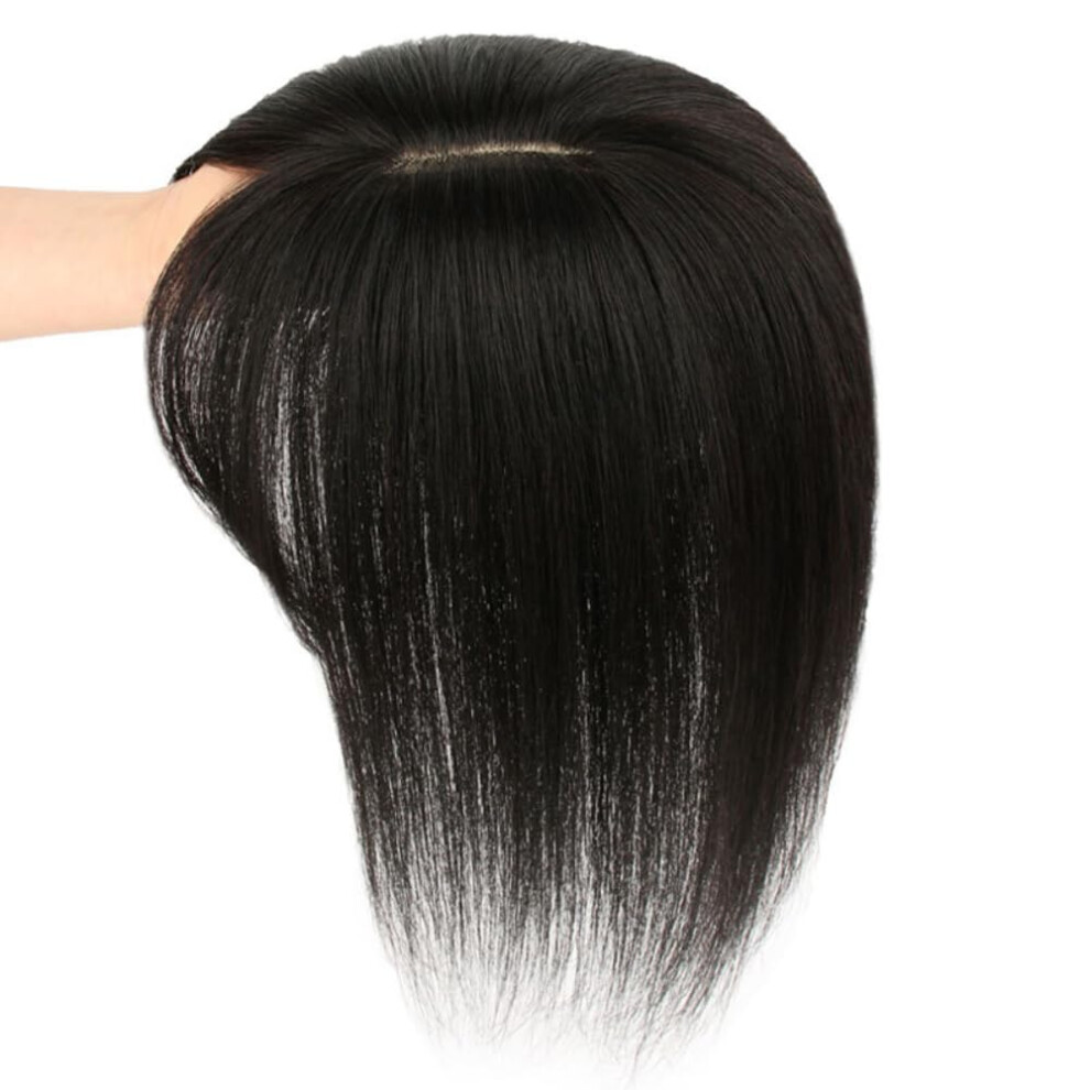 Unisex Black Human Hair Topper With Bangs For Thin Hair, Natural Clip In Wiglet 8X12cm 30Cm Length