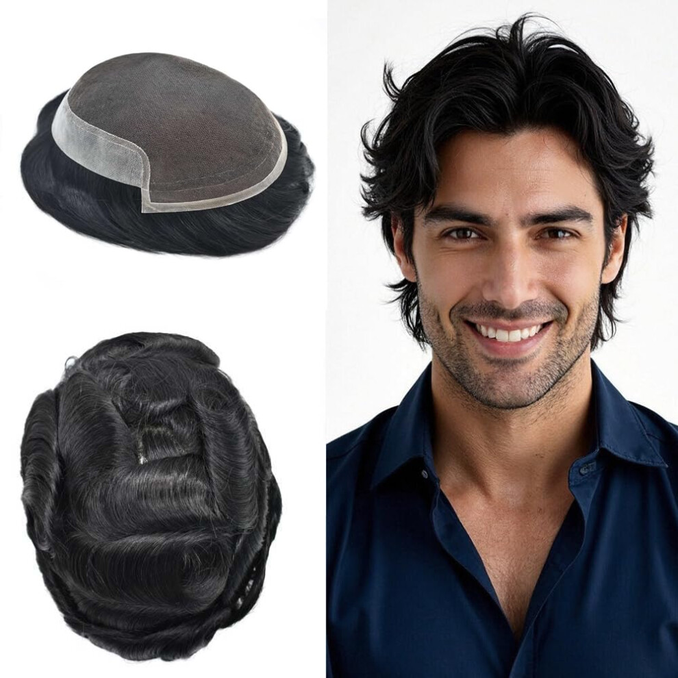 Unisex Black Mens Hair Toupee French Lace Undetectable Hairline Jet Human Hairpiece 8X10 Bleached Knot